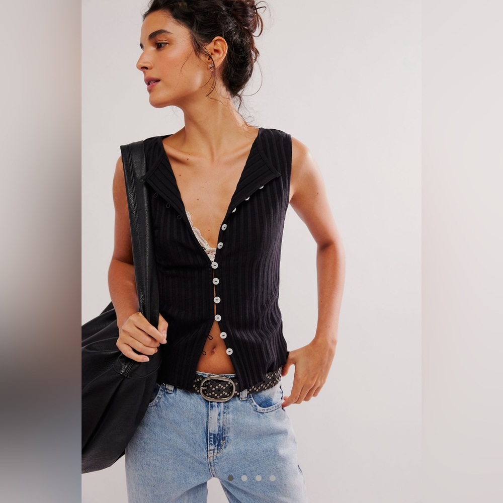 Free People Black Ribbed Button-Up Tank Top